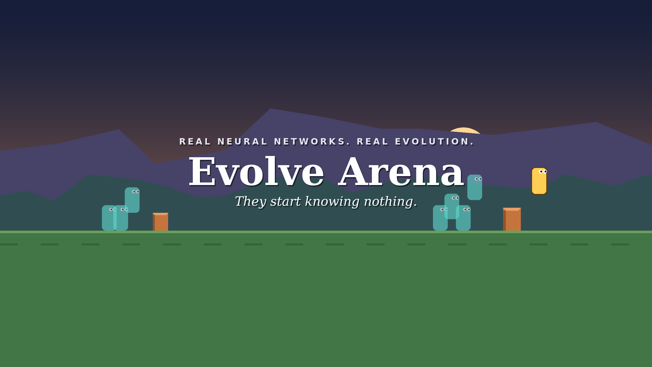 Evolve Arena banner: agents racing across a sunset landscape